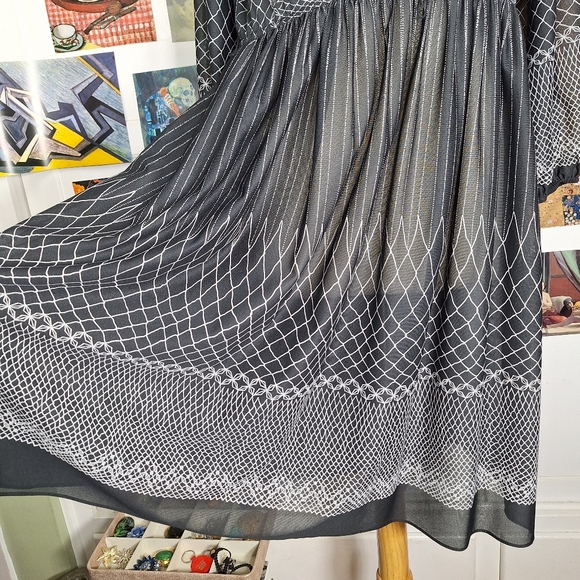 Vintage 70s Sheer Floral Striped Long Sleeve Dress Sz Medium Large Black White - Picture 4 of 7